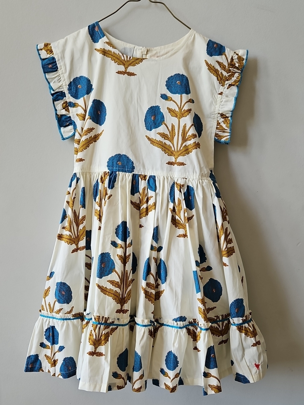 Pink Chicken White Floral Ruffle Sleeve Dress - Blue & Gold